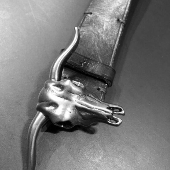 Ralph Lauren * Made in Italy Steer Head Black Distressed Calf Leather Belt - Picture 7 of 15